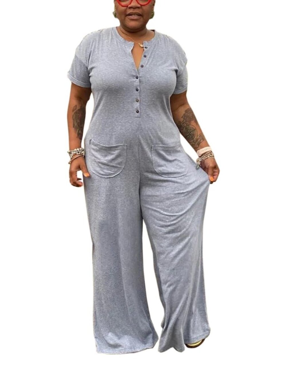 Plus Size Women Short Sleeve Loose Jumpsuit Casual Rompers One Piece Button Up